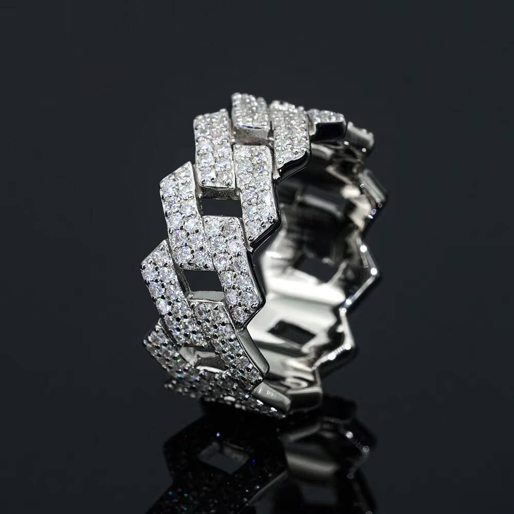 2 Rows Cuban Link Mens Ring D Color Moissanite Iced 925 Sterling Silver Hip Hop Bling Style Pass Diamond Tester GRA Certified