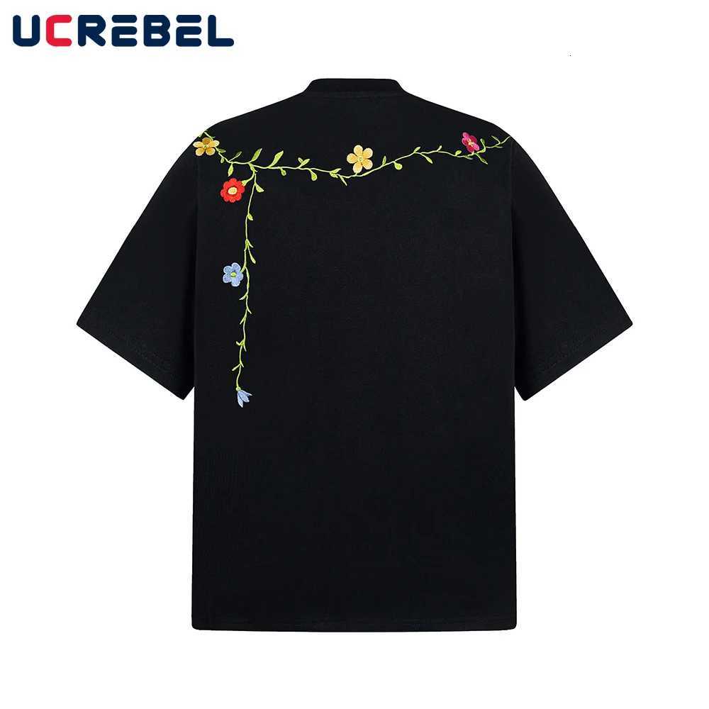 Flower Vine Embroidery Short Sleeve T-shirt Mens Retro High Street Summer Cotton Loose Crew Neck Half-Sleeve Tee Men Tshirt C260326