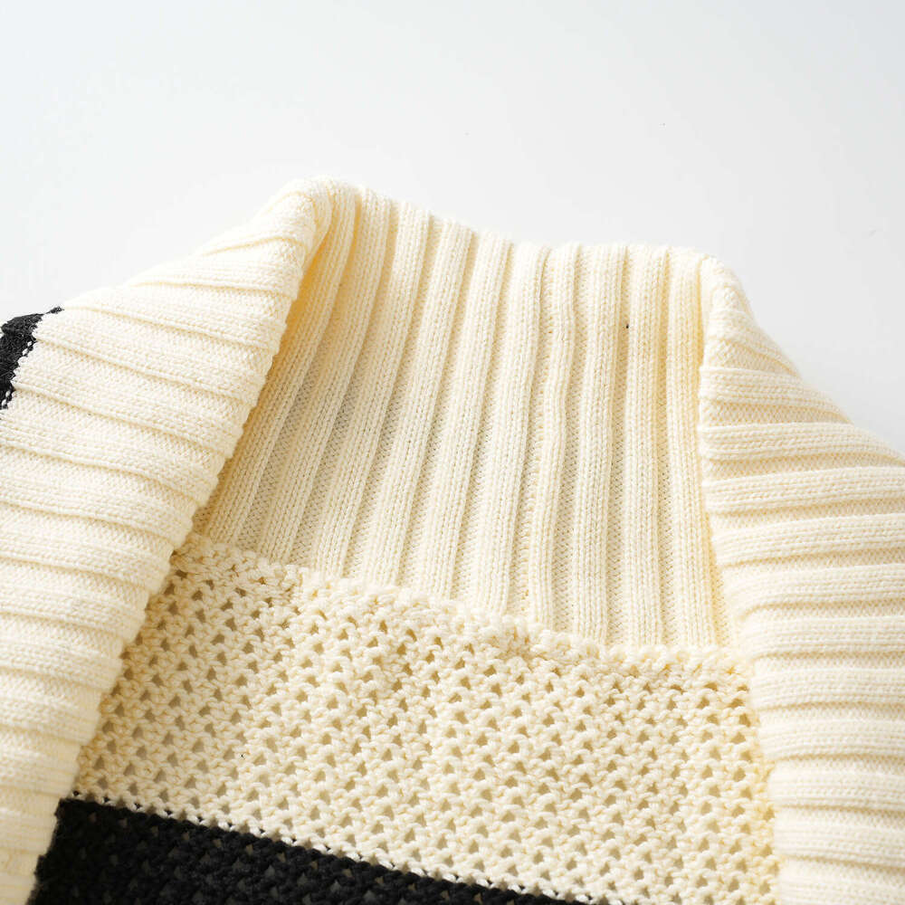 2026 autumn new slim fit waist long sleeved knitted CC sweater women's striped D19 color blocked tie medium length cardigan wool sweater