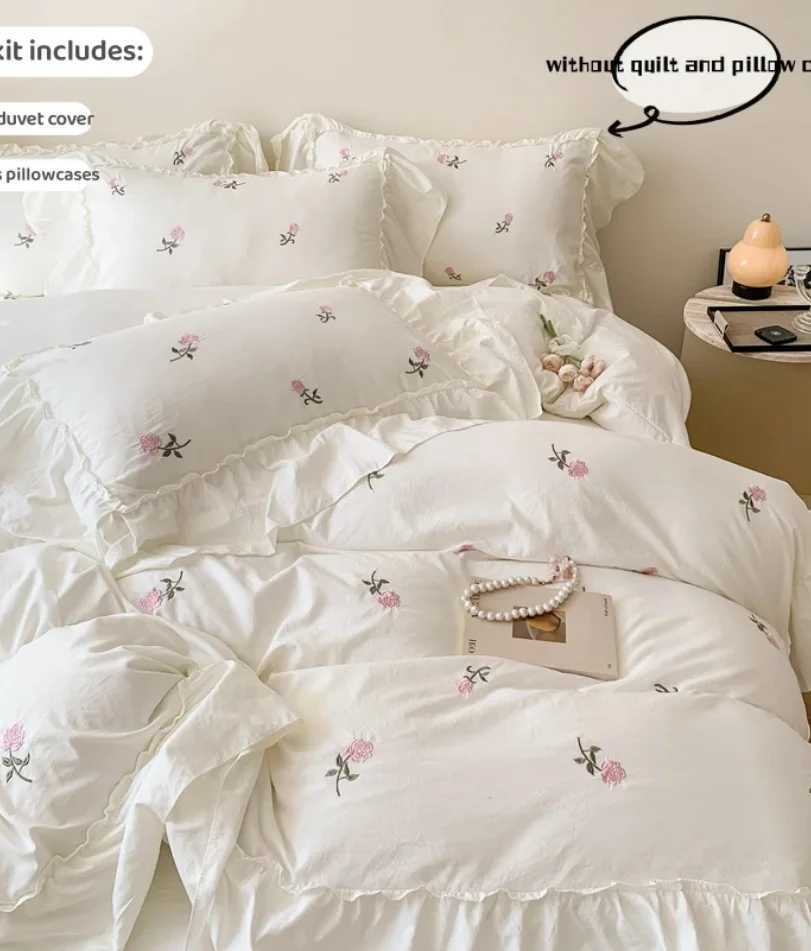 3pcs Rose Embroidered Duvet Cover Set 1Duvet Cover 2Pillowcase Without Core Princess Style Lace Bedding Set H260327