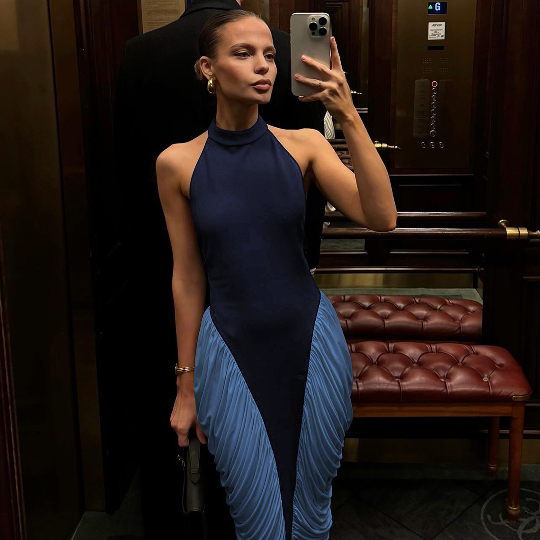 Women's Dresses High Street Elegant Shirring Backless Sleeveless Straight Maxi Bodycon Mujer Banquet Frock Size S-L