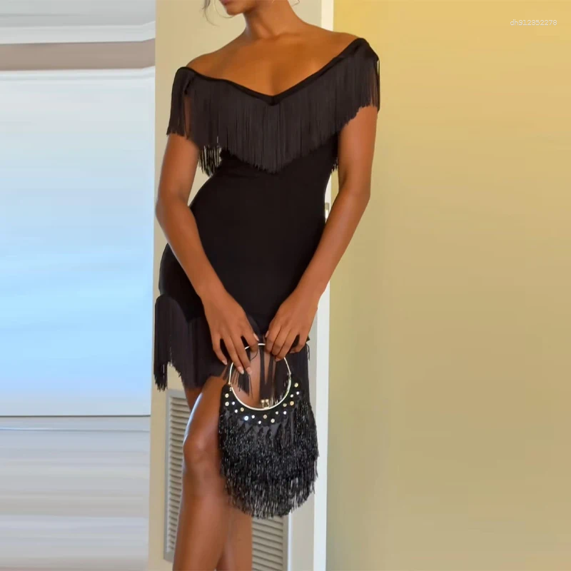 Casual Dresses Women's Tassel Solid Slim Mini & Maxi Dress Elegant Off Shoulder V-neck Sleeveless Vestidos Lady 2026 Summer Chic Party
