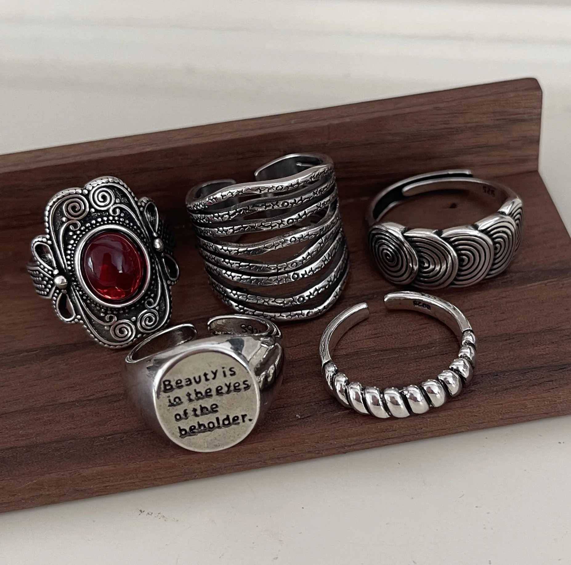 925 Sterling Silver Rings for Women Couple Minimalist Handmade Simple Wide Retro Red Ring Set Party Jewelry Gift Prevent Allergy H260327