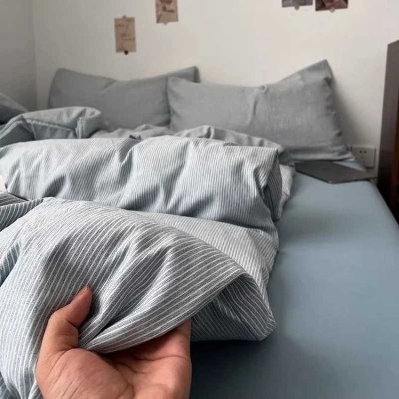 Ins Nordic Bedding Set Plaid Striped Duvet Cover Set Soft Flat Sheets Set 2 Pillowcases Single Twin Full Queen Size Simple Style H260327