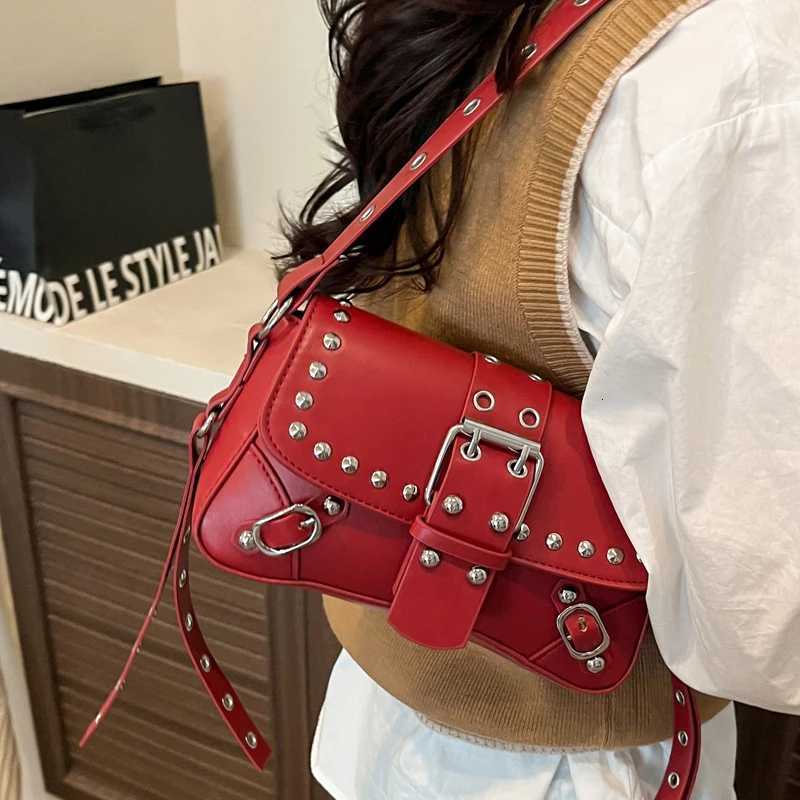 SHELKSBAG Y2k Rivet Design Shoulder Bags for Women Hot Cool Girls PU Leather Underarm Bag Vintage Female Phone Handbags Purse C260327