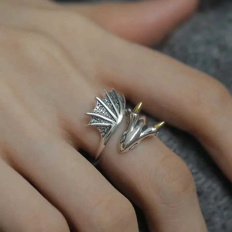 PANJBJ 925 Silve Wing Dragon Punk Ring for Women Girl Party Gift Retro Hiphop Fashion Jewelry Dropshipping H260327