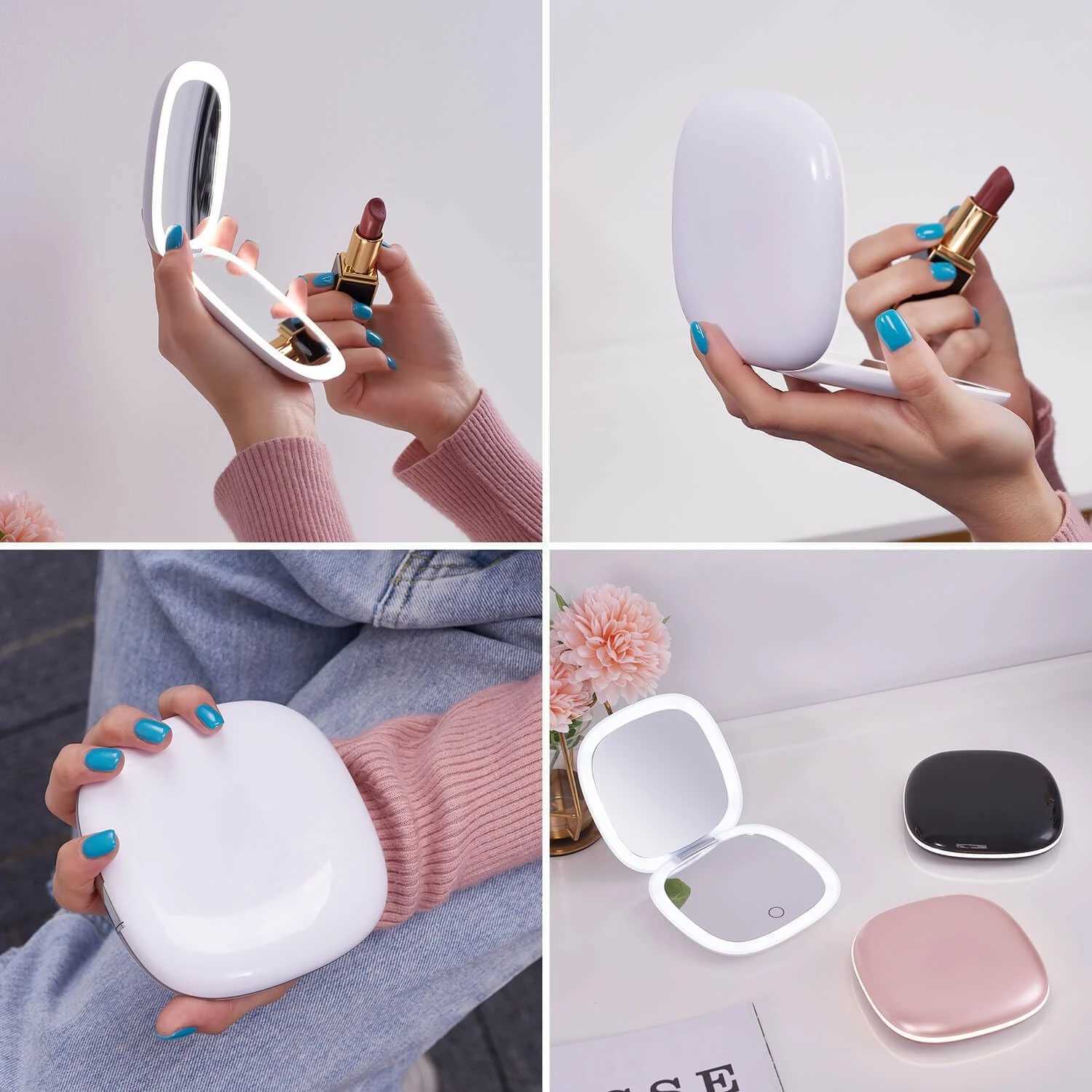 Compact LED Magnifying Travel Makeup Mirror 1X/10X Small Hand Pocket Dimmable 2-Sided USB Rechargeable Touch Screen Portable H260327