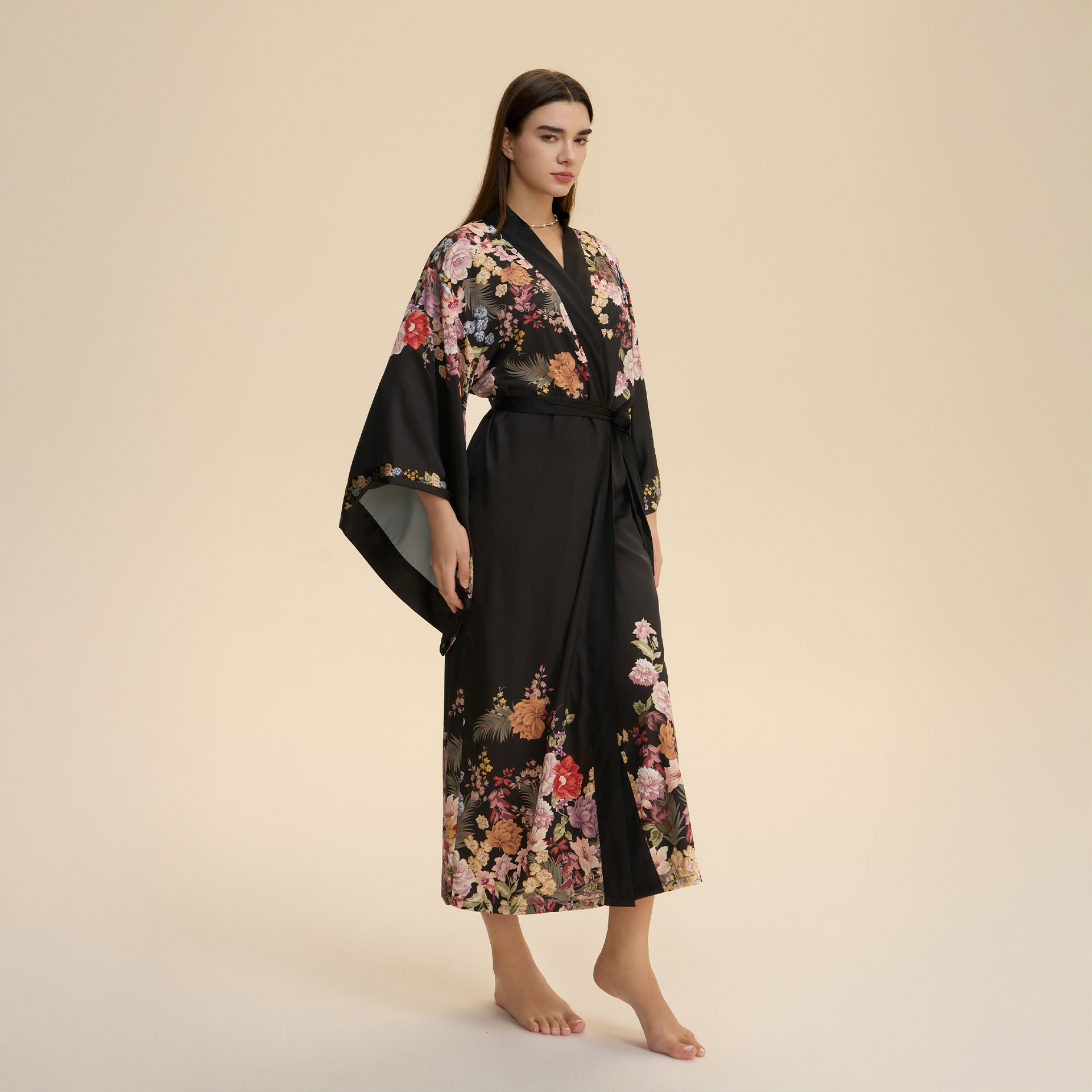 Bathrobe Women Nightgown Designer V Neck With Shoulder Print Long Sleeve Nightdress Homewear For Spring Autumn New Satin Plus Size Black