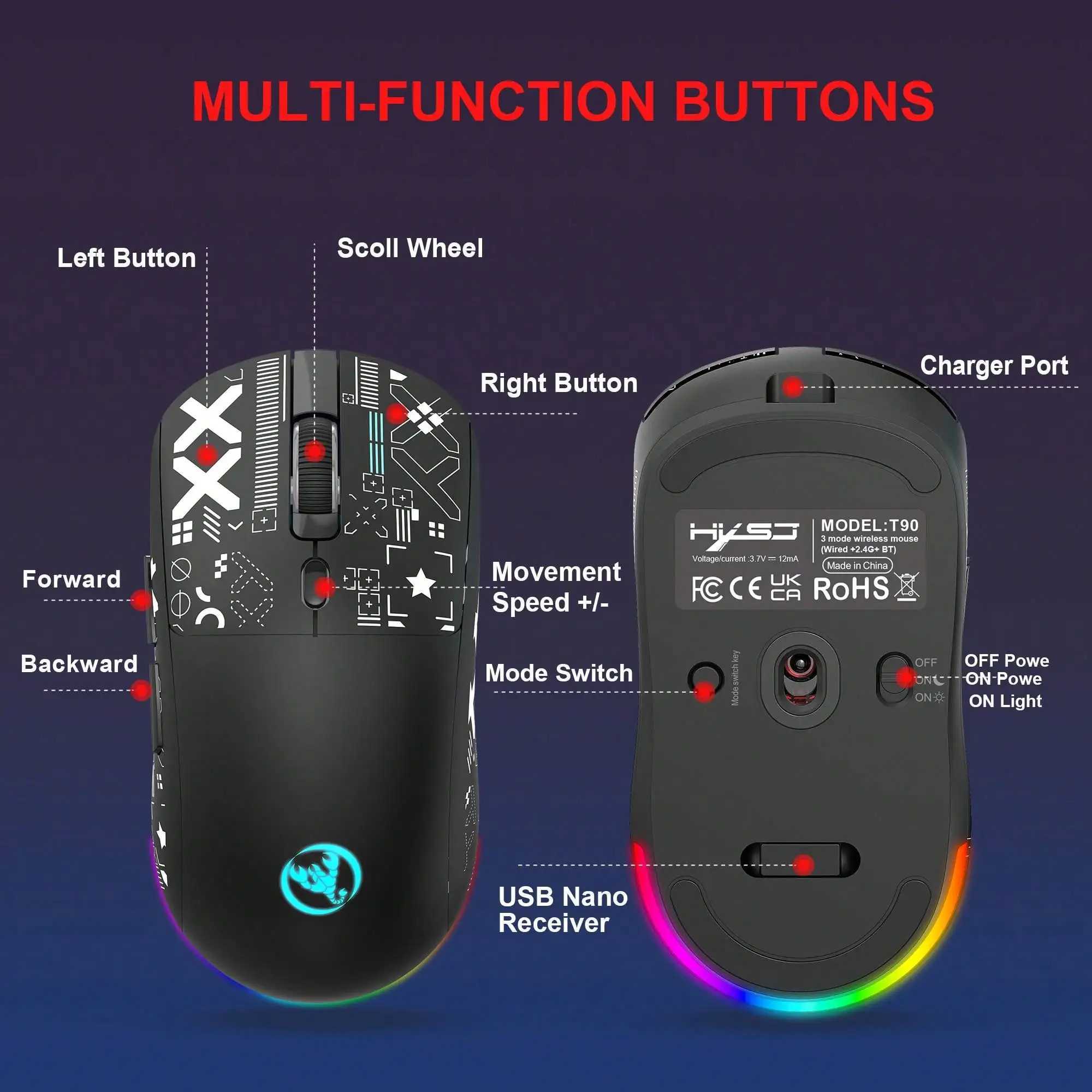 3 Modes Bluetooth Gaming Mouse Rechargeable 24G USB Wireless RGB Backlight Mouse for iPad Tablet Laptop Computer D260327