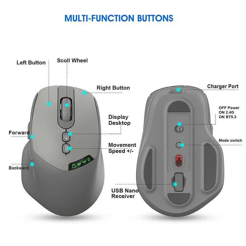 Noiseless T02 Dual Mode Wireless Mouse Bluetooth 50 24G Silent Click Large Battery Rechargeable Battery Display D260327