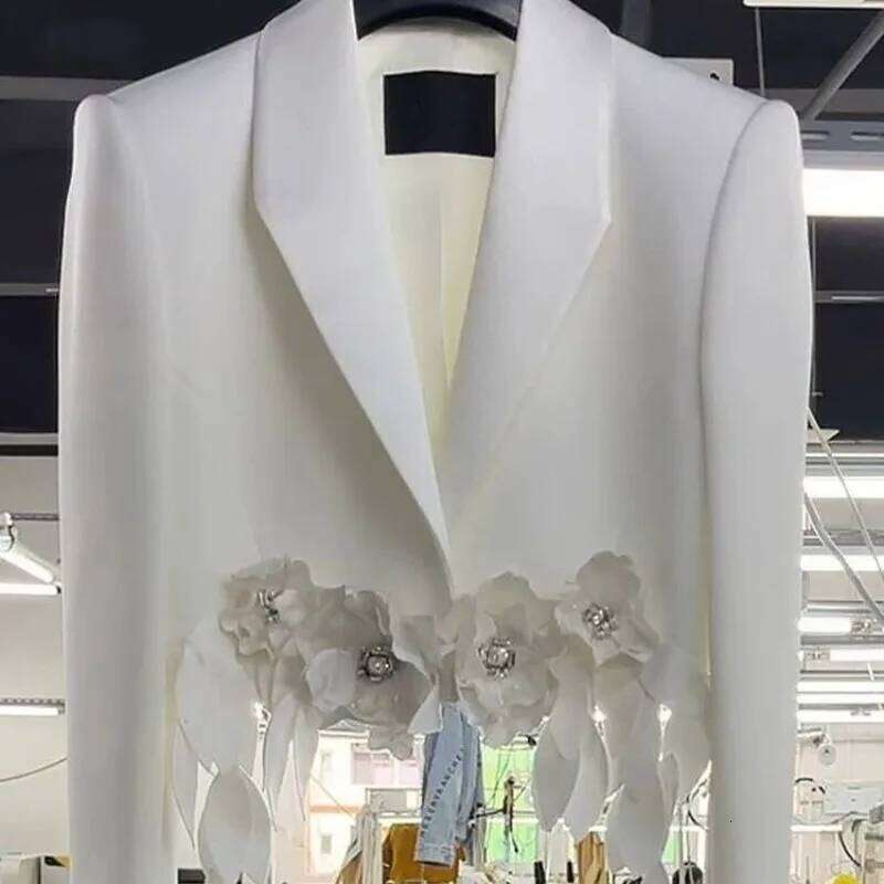 Elegant White 3D Floral Suits Coat High Waist Flowers Tassels Blazers Jacket Spring Autumn Fringed Beaded OL Cardigan Tops