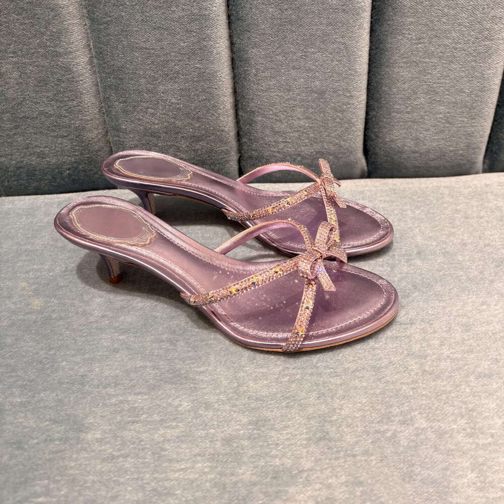 2026 New Rhinestone Bowknot Slippers with Small Heel, Thin Strap, Star Design, Simple Slip-On Fashion Women's Shoes 791a b4e