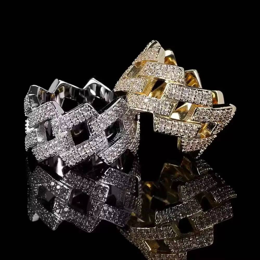 2 Rows Cuban Link Mens Ring D Color Moissanite Iced 925 Sterling Silver Hip Hop Bling Style Pass Diamond Tester GRA Certified