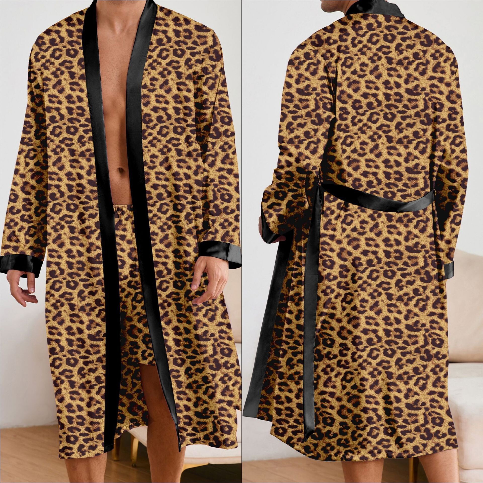Bathrobe Men Designer Leopard Print Long Sleeve Pajama Set With Belt Home Wear Comfortable Breathable