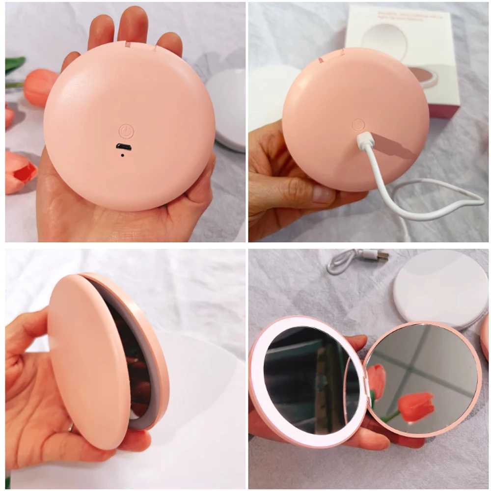Travel Personalized Small LED Light Cosmetic 2 Side Folding Makeup Compact Pocket Mirror Women Luminous Effect Mini Mirror H260327