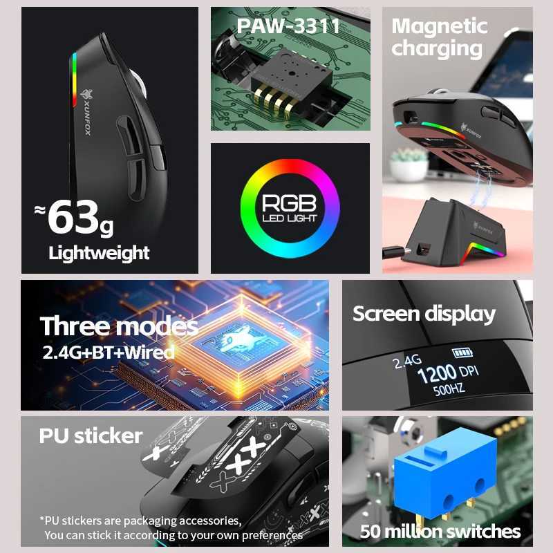 59g Superlight Wireless Gaming Mouse with Magnetic RGB Charging DockBT/24G Wireless/Wired Mouse 22000 DPI5 Programmable Butt D260327