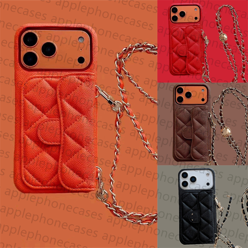 Cross body Designer Phone Case for iPhone 17 Pro Max 16 Promax 15 14 13 12 11 17Air 16 Plus 15 Plus Case Card Holder Caviar Leather Quilted Mobile Cover Coque Chain Lanyard