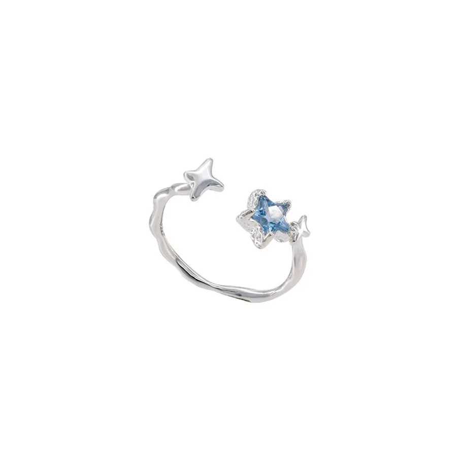 PANJBJ 925 Sterling Silver Stars Ring For Women Blue Crystal Opening Sweet Romance Irregular Versatile Jewelry Gift Dropshipping H260327