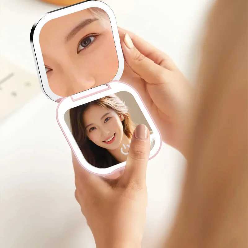 2 Face Sides Touch Compact Led 3 Colors Mini Foldable Cosmetic Charge Makeup Mirror with Light 3X Magnifying Compact Handheld H260327