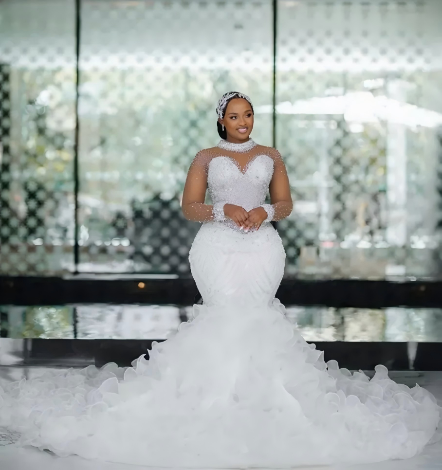 Plus Size Wedding Dresses Bridal Gowns Mermaid Bridal Gowns For Bride Long Sleeves High Neck Beaded Lace Crystals Ruffles Gowns For African Black