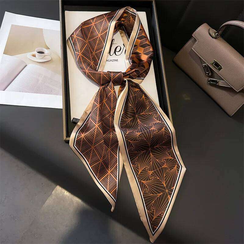 New 14x147cm Narrow Silk Scarves Shirt Neckerchief Double-layered Checkered Pattern Women Tie Neck Bag Hair Headband Headscarf 26Y0327