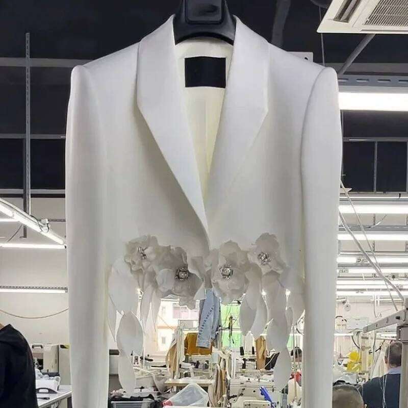 Elegant White 3D Floral Suits Coat High Waist Flowers Tassels Blazers Jacket Spring Autumn Fringed Beaded OL Cardigan Tops