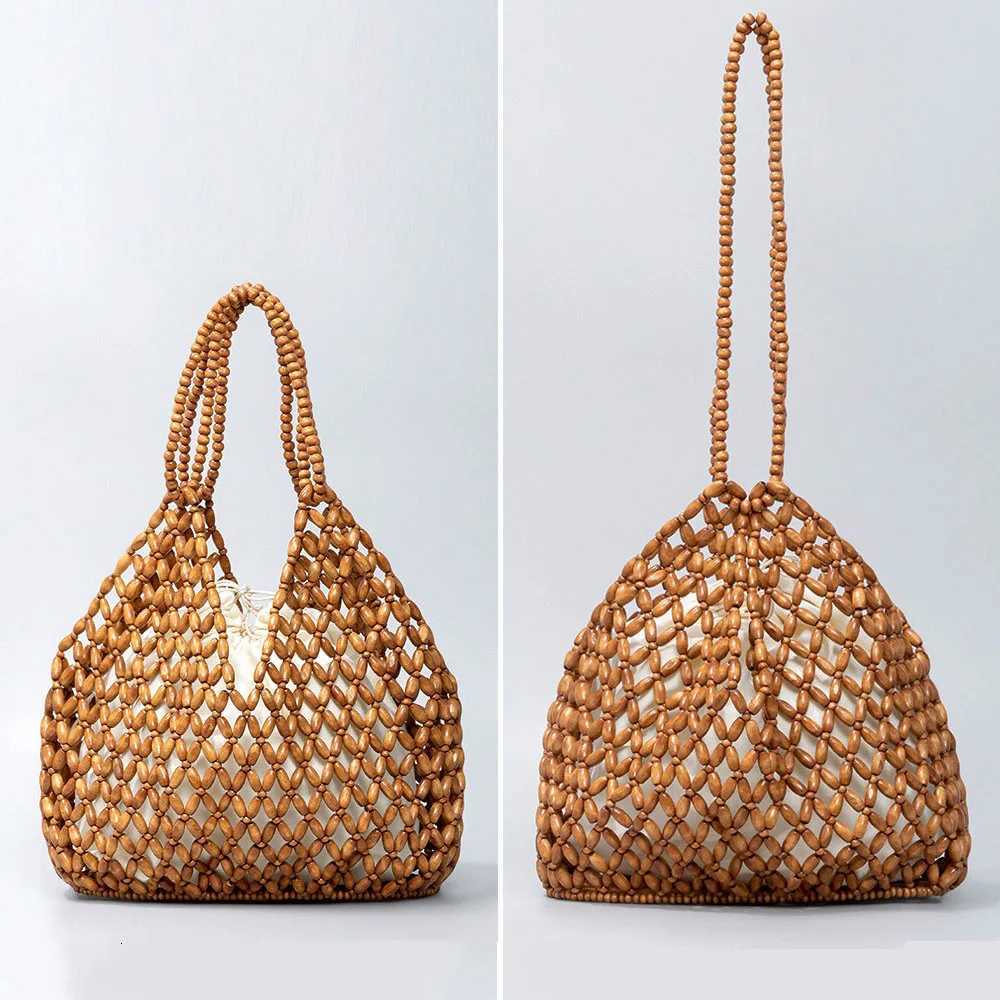 Women Woven Hand Bag Exquisite Design Hollow-out Wooden Bead Shoulder Bag Female Daily Shopping Handbag C260327