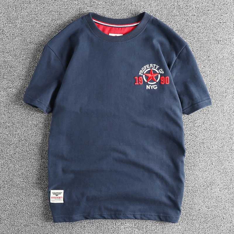 Embroidery five-pointed star pattern short-sleeved T-shirt men washed wool cotton comfortable round neck blouse C260326