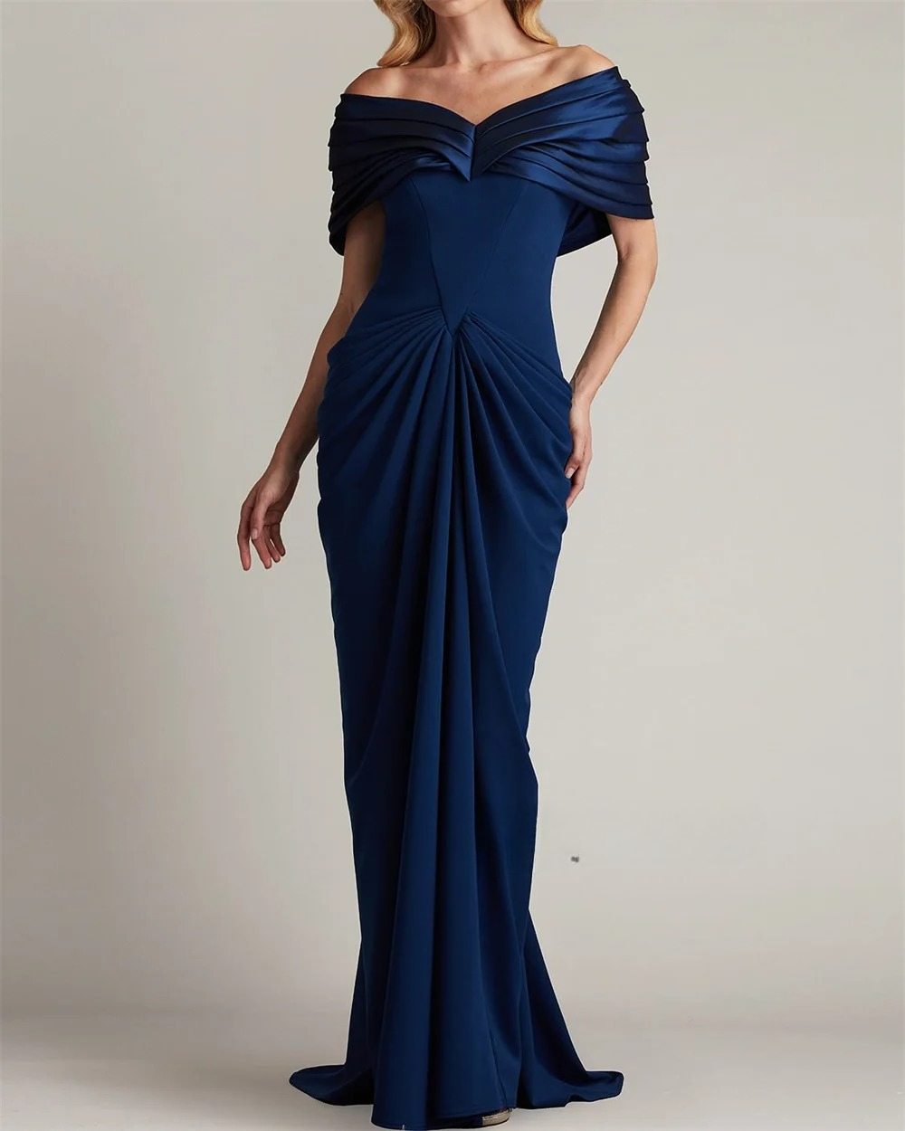 Modest Navy Blue Mermaid Mother of Bride Groom Dresses Elegant Off the Shoulder Pleats Column Long Women Formal Evening Party Gowns M27 ZD19
