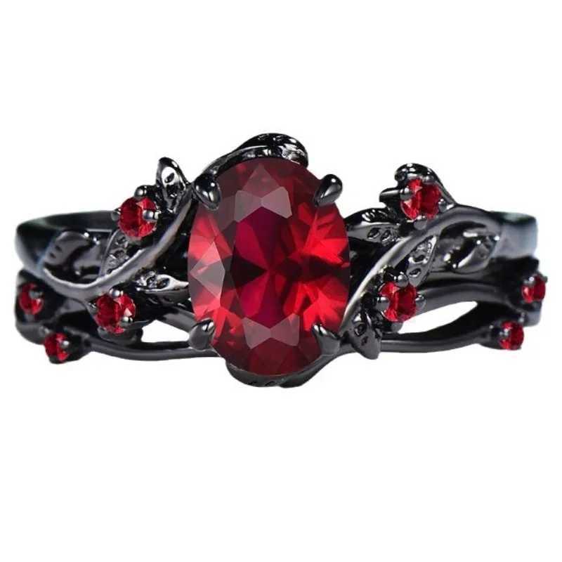 European and American New Retro Style Ruby Inlaid Gun Black Rose Branch Cross Womens Ring H260327