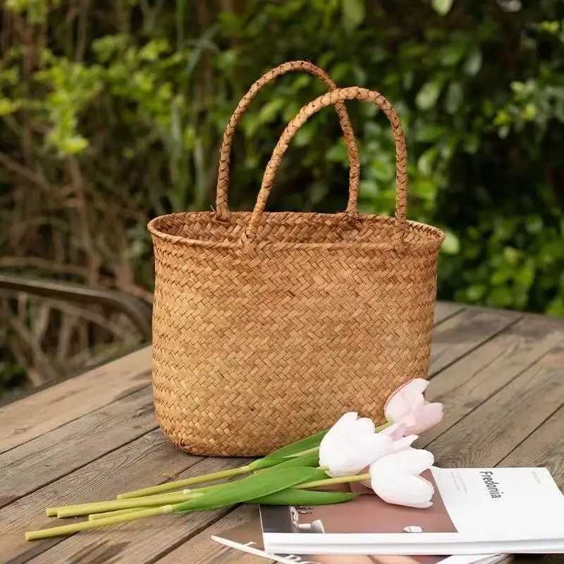 Rural style handmade bamboo woven handbag suitable for beach vacations camping and picnics Available in 2 sizes C260327