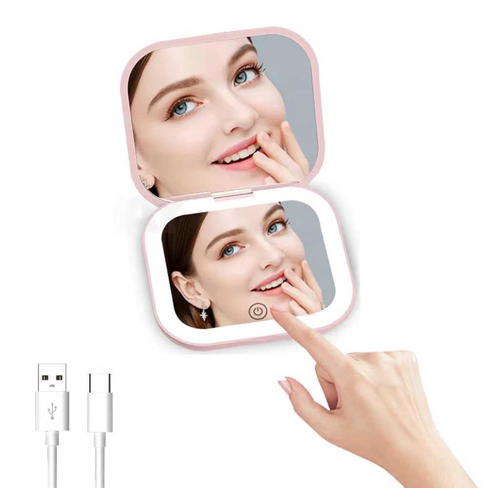 2X magnifying Compact Vanity Makeup Mirror with Lights Travel Mini Folding Portable Handheld Pocket LED Cosmetic Mirror for Gift H260327