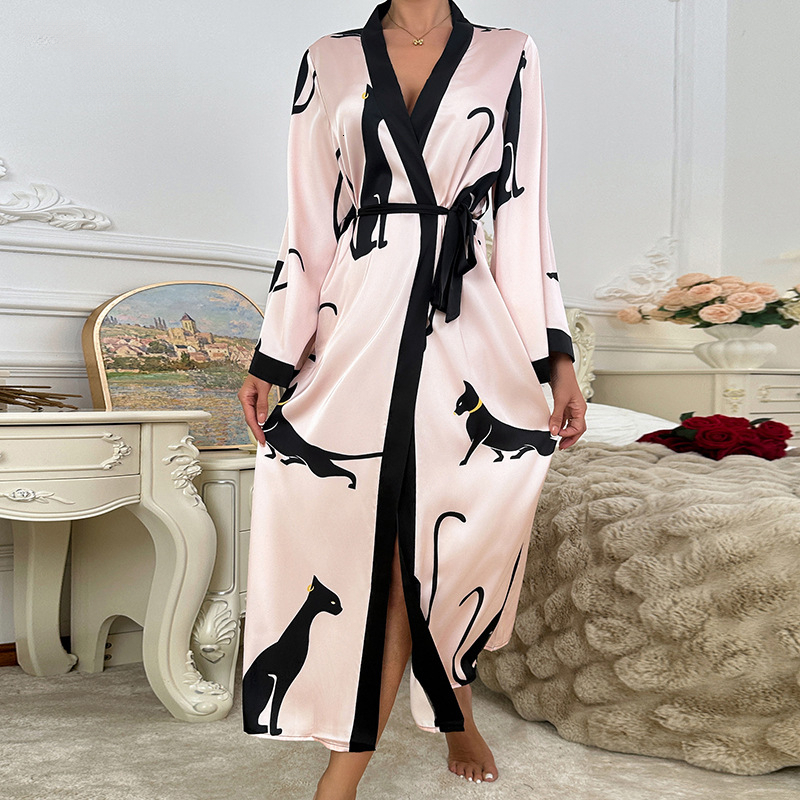 Bathrobe Women Satin Black Leopard Print Bathrobe Nightgown Long Sleeve Tie Loungewear