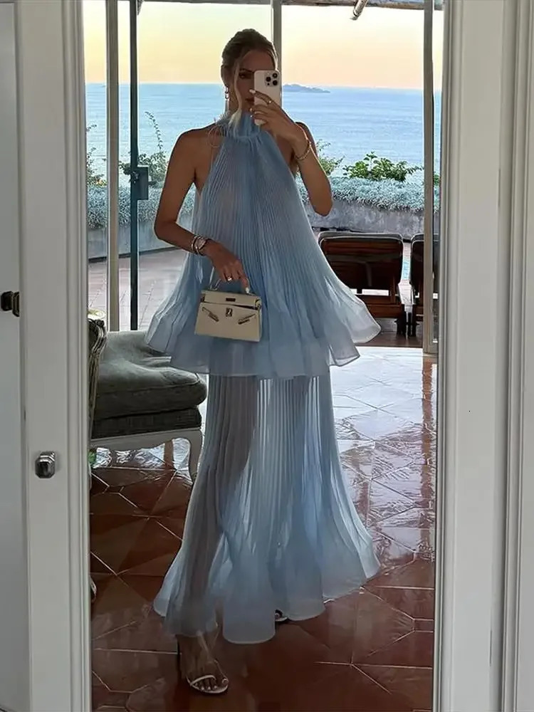 Light Blue Halter Neck Pleated Two Piece Set Women Sheer Chiffon Ruffled Top Maxi Skirt Suit Elegant Vacation Evening Party Sets 260326