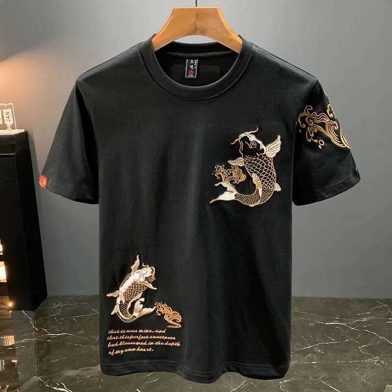 Ethnic style Koi embroidery short sleeved T-shirt for mens summer 2025 new Chinese style trendy loose mens clothing C260326