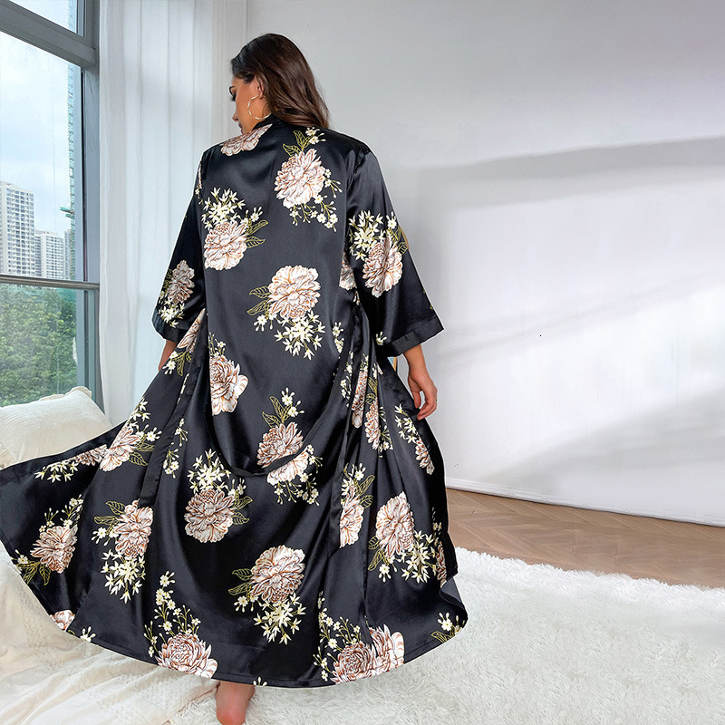Bathrobe Women Plus Size Designer Fashion Casual Loose V Neck Floral Pattern Long Silk Like Tie Waist Sexy Sleepwear