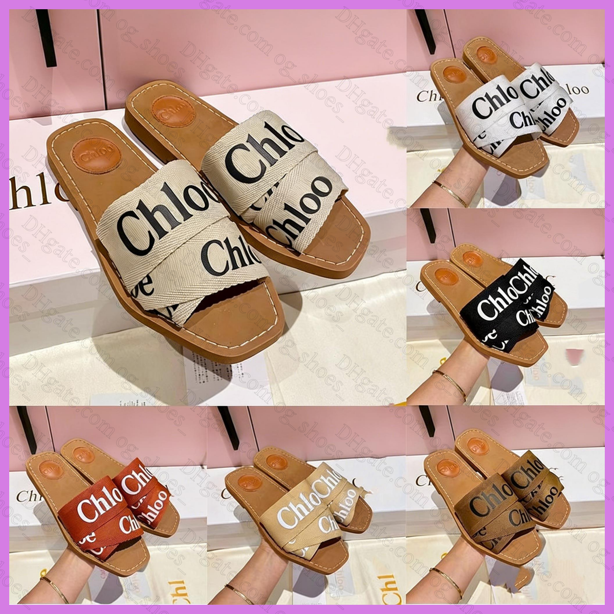 designer Woody sandals for women Mules flat slides Light tan beige white black pink lace Lettering Fabric canvas slippers womens summer outdoor sandal