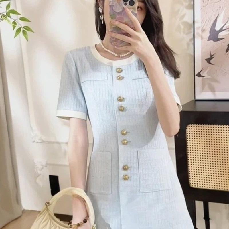 Designer dresses for women Woman Clothing French Style Dresses Short Sleeve Blue Tweed Elegant Luxurious Mid-Length Dress Lady Casual Dress free shipp