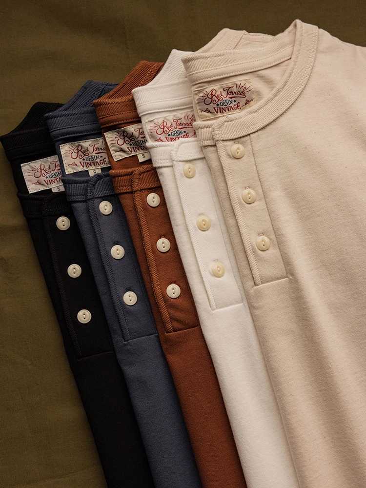 Red Tornado Short Sleeve Henley T-Shirt Heavyweight Cotton Men Every Day Tee Amekaji C260326