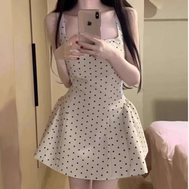 Woman Clothing Casual Dresses Retro Polka Dot Vest Dress Summer Womens Dress Ruched Waist Slimming Short Dress Designer Lady Elegant Dress