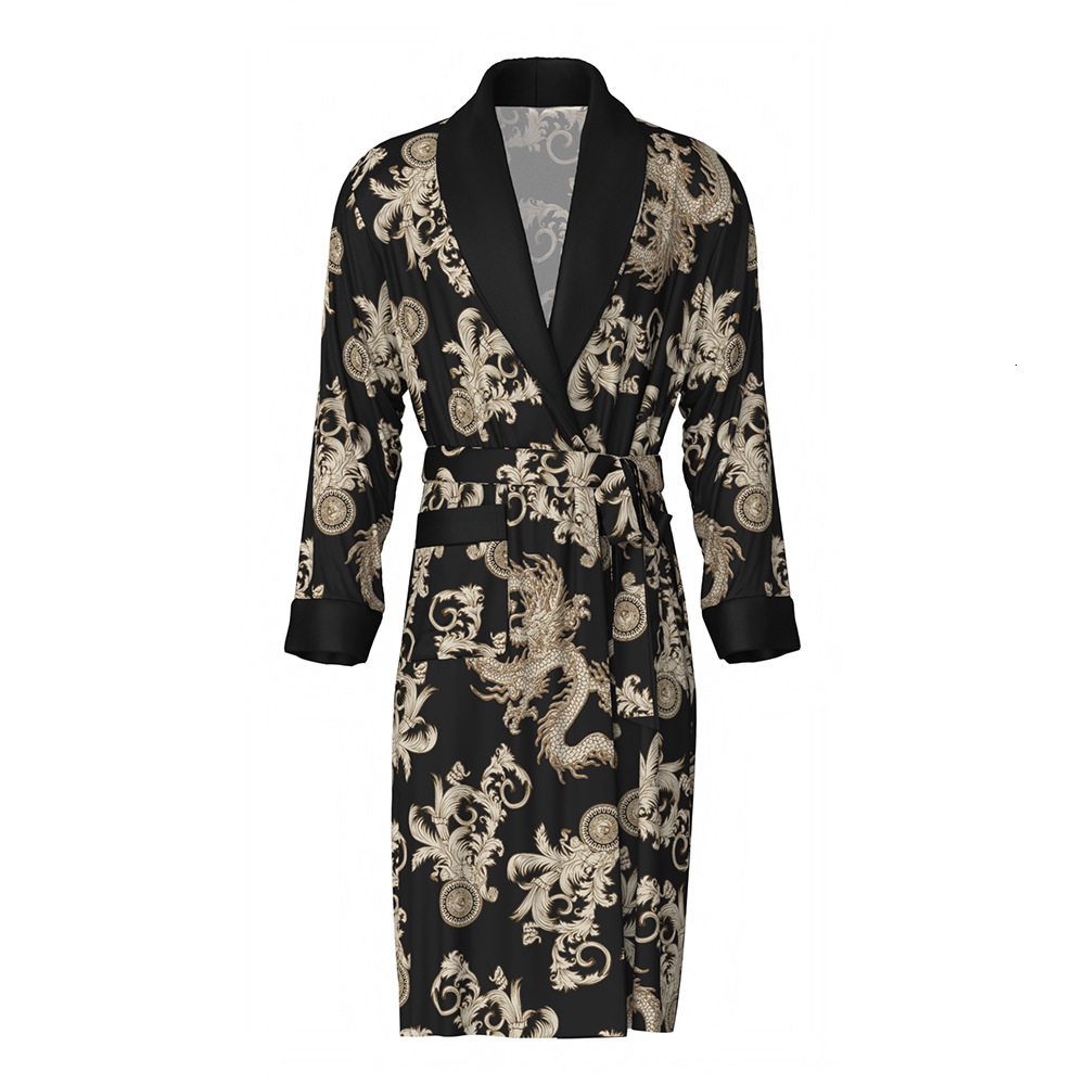 Bathrobe Men Designer Ice Silk Long Sleeve V Neck Dragon Pattern Wearable Nightgown Home Wear