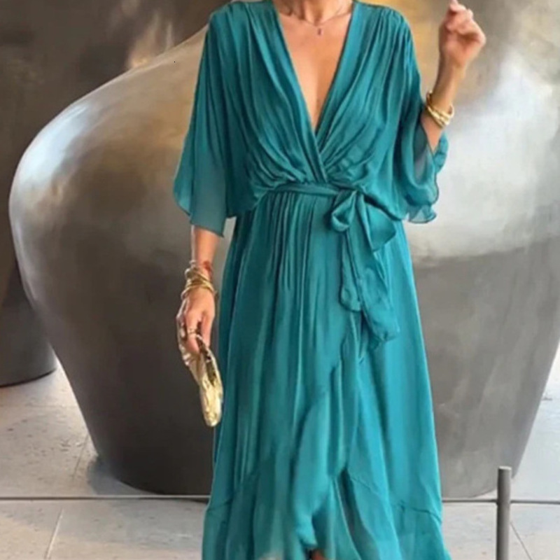 Womens Casual Dresses Woman Clothing Batwing Sleeve Summer Womens Dress European Solid Color Tie Waist Irregular Midi Dress Designer Lady Plus Size Fa