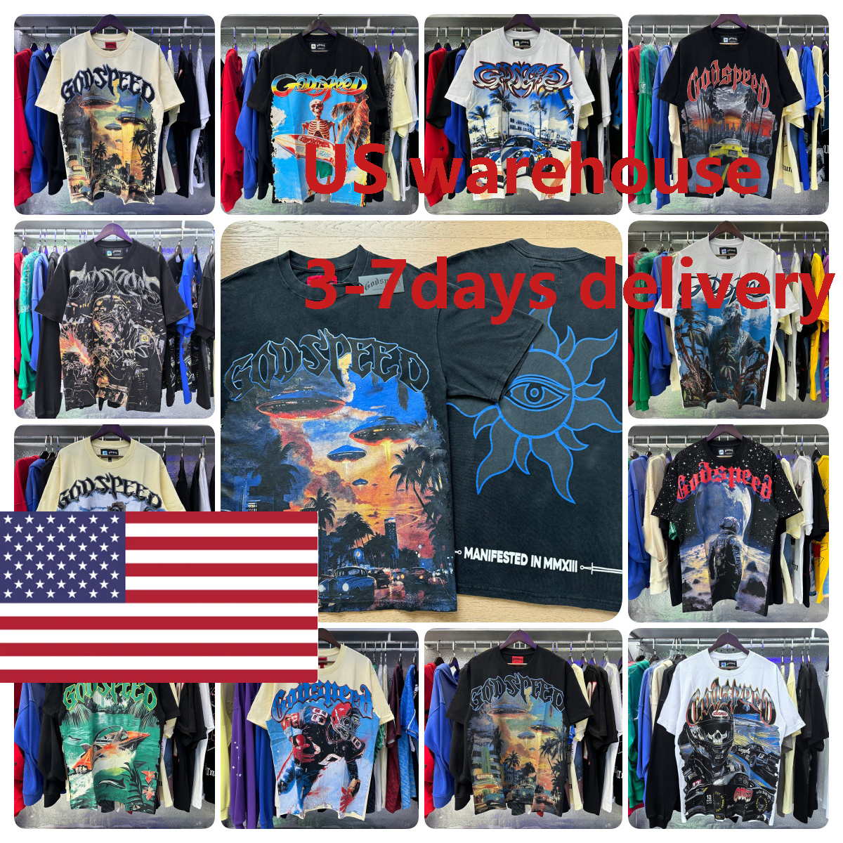 2025 Summer GOD SPEED Short Sleeve Black Tops Men Women Cotton Breathable Print Tee Godspeed Vintage T-shirts 61