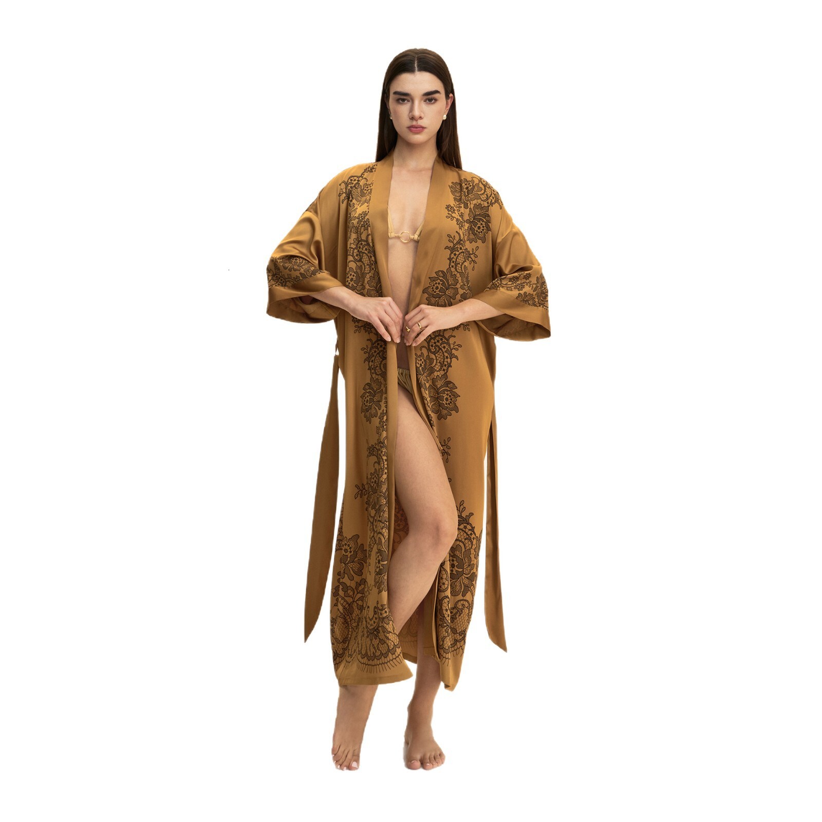 Bathrobe Women Various Floral Print Satin Chiffon Kimono Collar Elegant Long Robe