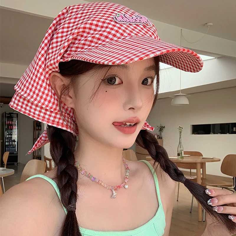 Colorful Appliqud Checkered Headscarf Hat for Beach and Sand Covering Hat Cute and Versatile Checkered Baseball M260327