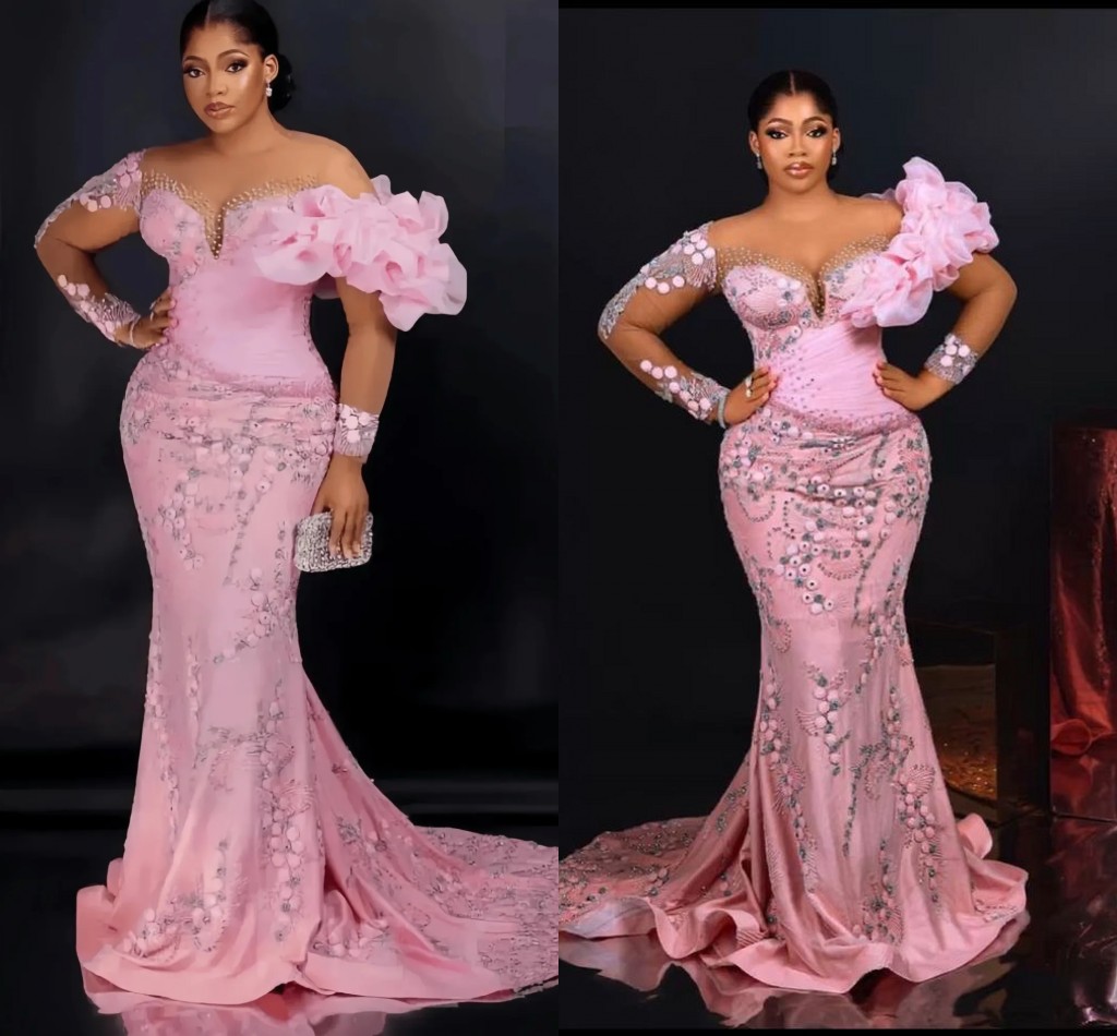 2026 Aso Ebi Pink Mermaid Evening Dresses Floral Embroidery Long Sleeve Formal Party Dress Luxury Sequins Women's Birthday Special Occasion Prom Dress LG0701