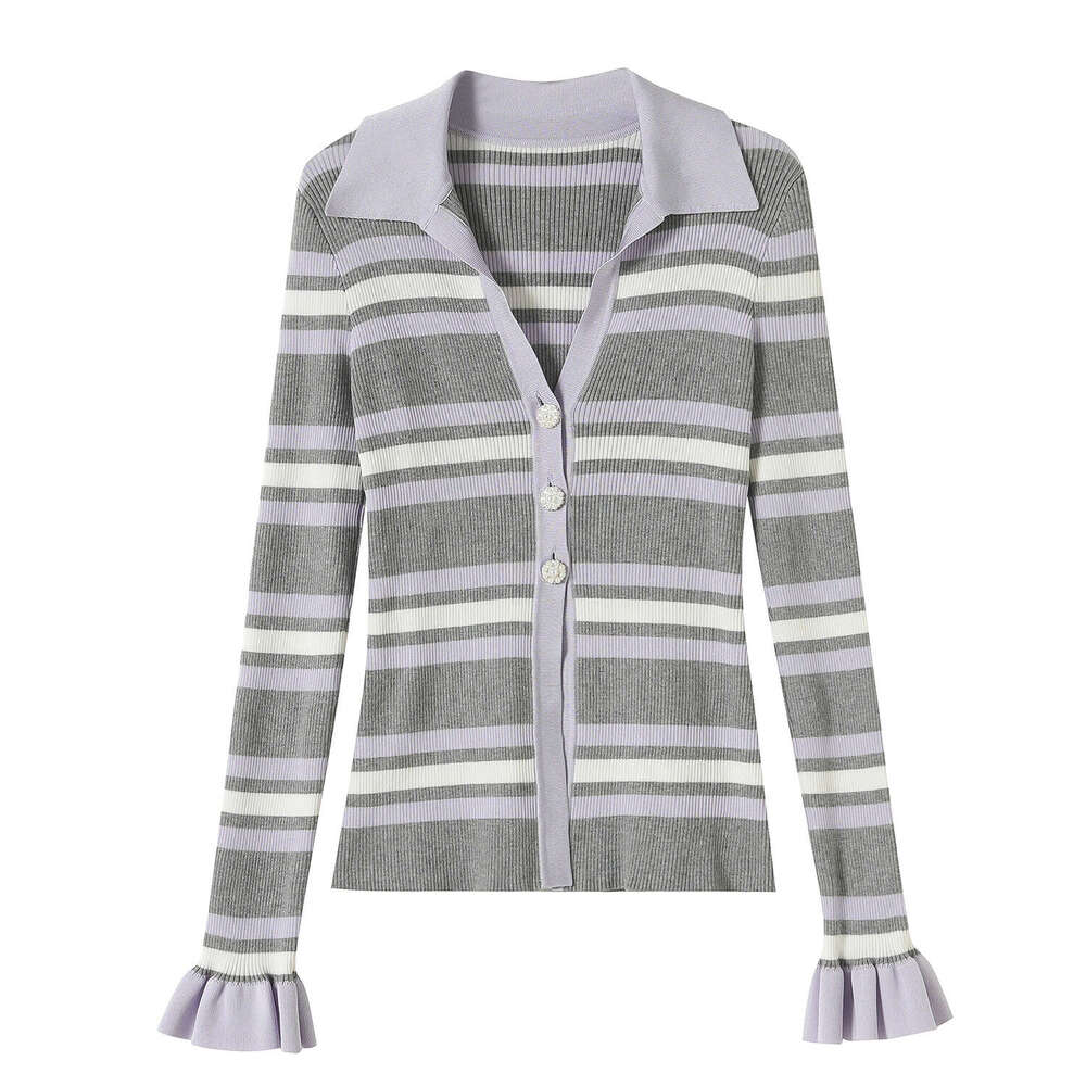 2026 Autumn New Designer Striped Color blocked Long Sleeve CC Bell V-neck D19 Three Button Split Knitted Women's Sweater Top