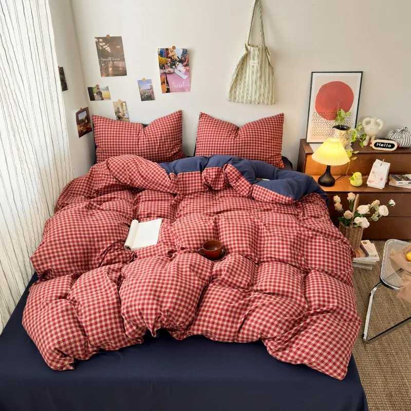 New plaid printing retro cloud double-layer yarn four-piece set bedding student dormitory single 3-piece set H260327