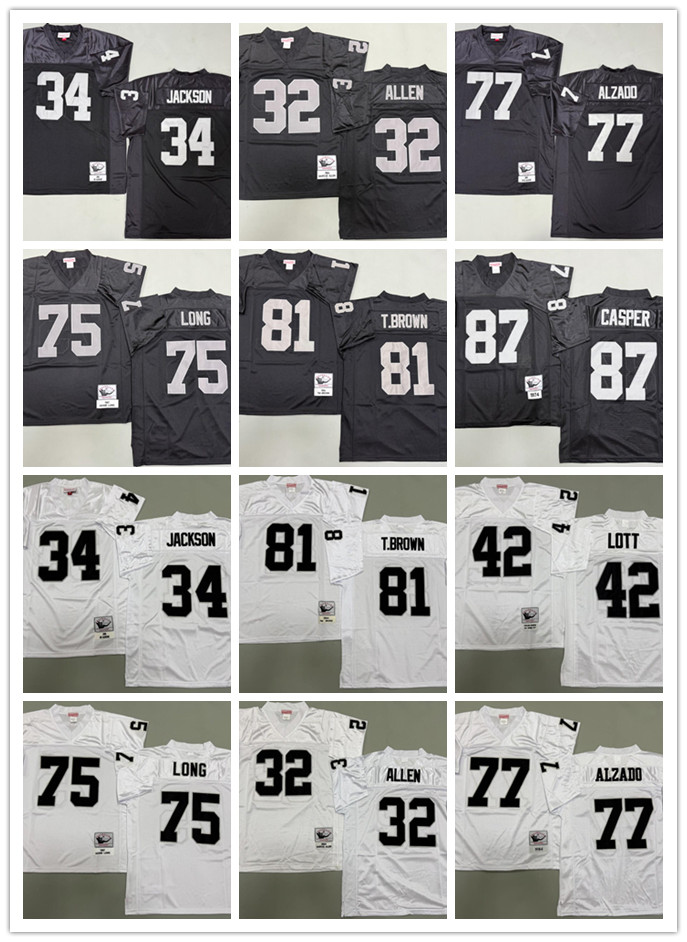 Vintage American Football Bo Jackson 75 Howie Long 32 Marcus Allen Jerseys Lester Hayes Casper Lott Throwback Jersey Black White