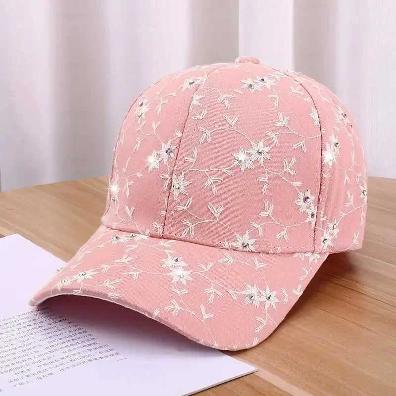 Spring Summer Rhinestone Embroidered Flower Baseball Korean Fashion UV Sun Hat Casual Stylish M260327